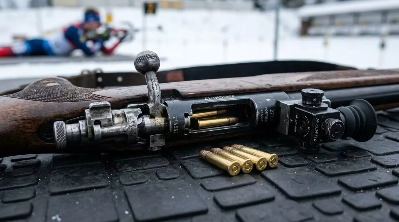 Биатлонна пушка с патрони .22 LR на стрелковия мат