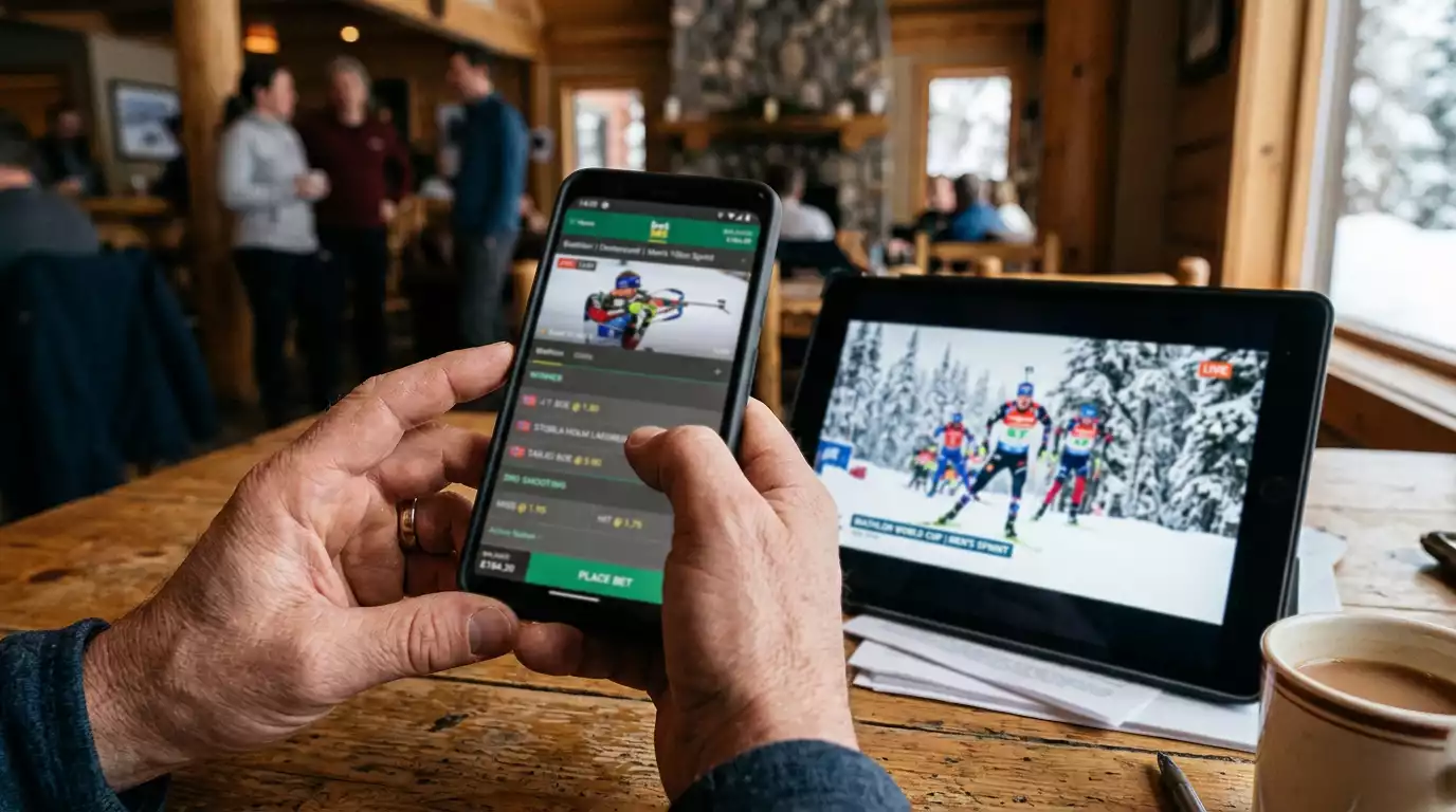 In-play биатлон залози върху смартфон по време на състезание