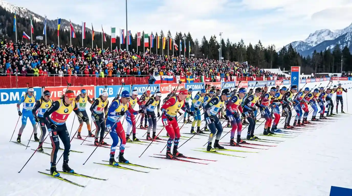 Mass start биатлон - 30 атлети рамо до рамо на стартовата линия