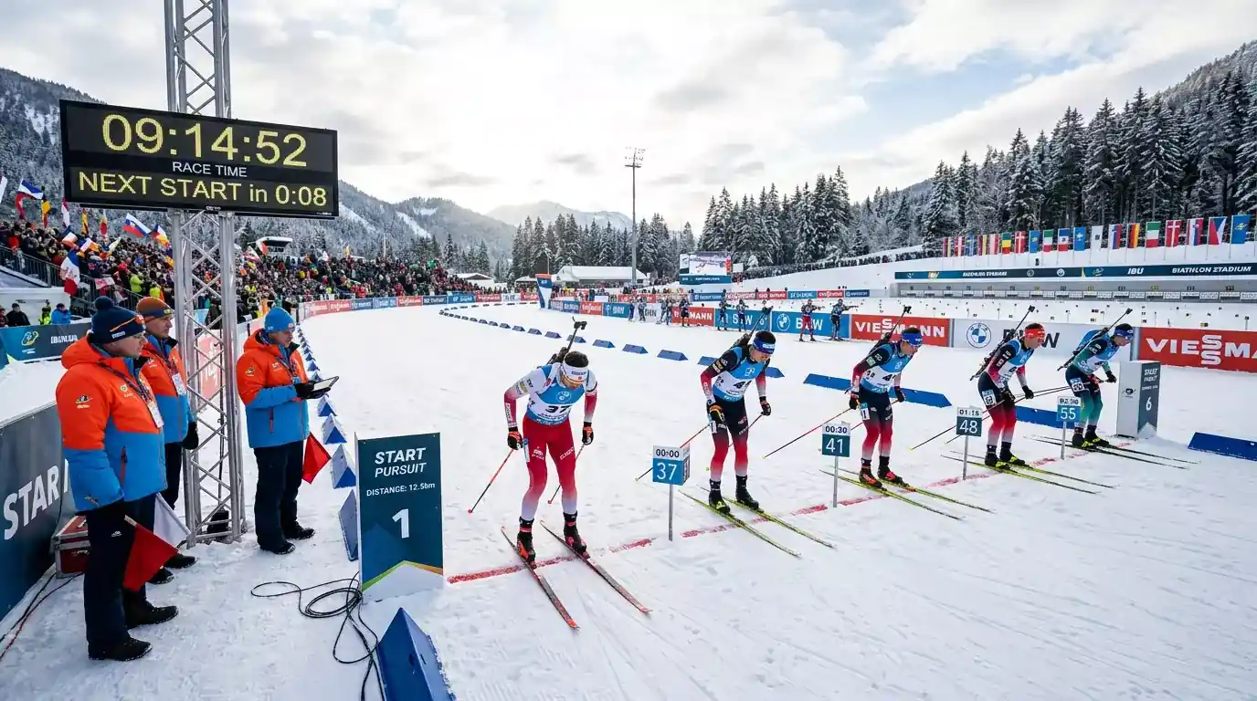 Стартова зона на pursuit с хендикап интервали между атлетите